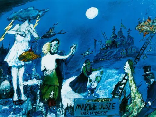 Tancerze, postać z chmurą i rybą, dziwne budowle i latające ryby tworzą surrealistyczną scenę. To plakat do spektaklu "Martwe dusze".