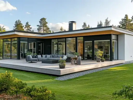 Modernt hus med stora fönster och ett platt tak, omgivet av grönskande natur och en rymlig altan med utemöbler.