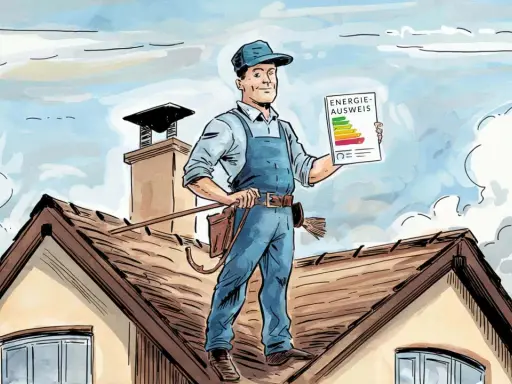 Schornsteinfeger auf dem Dach hält Energieausweis. Er erklärt, was kostet ein energieausweis vom schornsteinfeger.