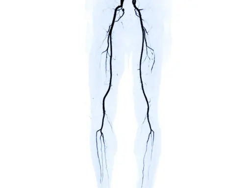 Angiografia delle gambe che mostra l'arteria femorale ostruita, un sintomo di problemi circolatori.
