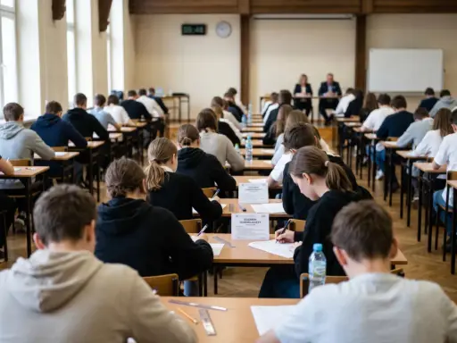 Uczniowie piszą egzamin ósmoklasisty z matematyki. Czas na rozwiązanie zadań jest ograniczony, a atmosfera skupienia panuje w sali.