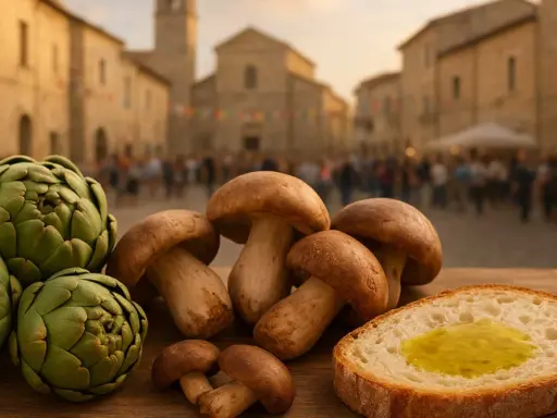 Carciofi, funghi e pane con olio d'oliva su un tavolo di legno, con una piazza di paese festosa sullo sfondo. Perfetto per le feste di novembre!