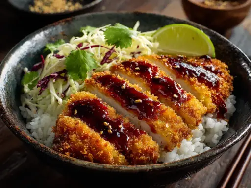 Krispig chicken katsu med ris, kålsallad och en mörk sås. En limeklyfta toppar rätten.
