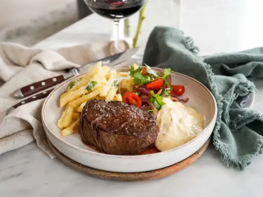 En saftig steak frites med krispiga pommes, en fräsch sallad och krämig bearnaisesås.