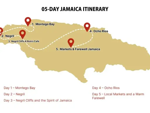 Mapa pokazuje, gdzie leży Jamajka, z trasą 5-dniową obejmującą Montego Bay, Negril i Ocho Rios.