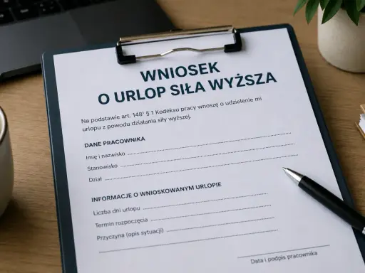 Wniosek o urlop siła wyższa. Dokument zawiera dane pracownika i informacje o wnioskowanym urlopie.
