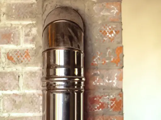 Błyszcząca rura stalowa podłączona do ceramicznego komina, widoczna na tle ceglanej ściany.