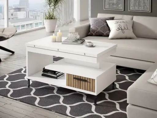 Mesa elevable con motor, ideal para tu sala. Con compartimentos y diseño moderno.