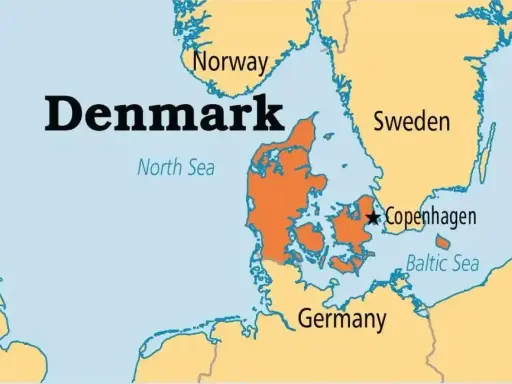 Mapa Danii z zaznaczoną Kopenhagą, otoczona przez Morze Północne, Bałtyk, Szwecję, Norwegię i Niemcy.