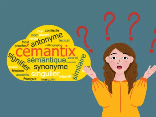 Une jeune femme perplexe face à un nuage de mots sur la sémantique, les synonymes et les antonymes.