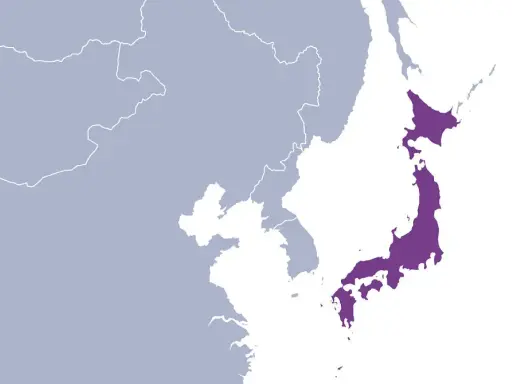 Karte von Japan in Lila auf weißem Hintergrund, mit angrenzenden asiatischen Ländern in Grau.