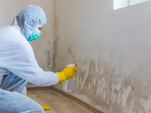 Persona con traje protector y guantes amarillos aplica spray a pared con moho, buscando remedios caseros para quitar el moho de las paredes.