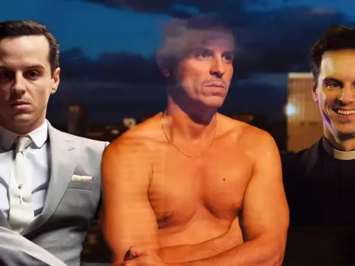 Andrew Scott i tre roller: i kostym, barbröstad och som präst. En hyllning till hans filmer och tv-program.