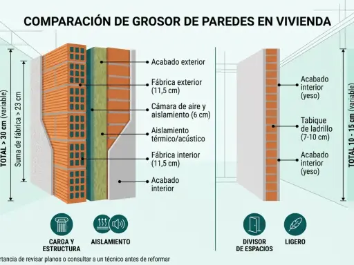 Comparación de grosores de paredes. Muestra una pared con fábrica exterior e interior de ladrillo, aislamiento y cámara de aire.