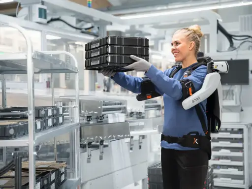 Une femme souriante porte des boîtes, aidée par un exosquelette, illustrant la définition de l'exosquelette comme aide à la manutention.