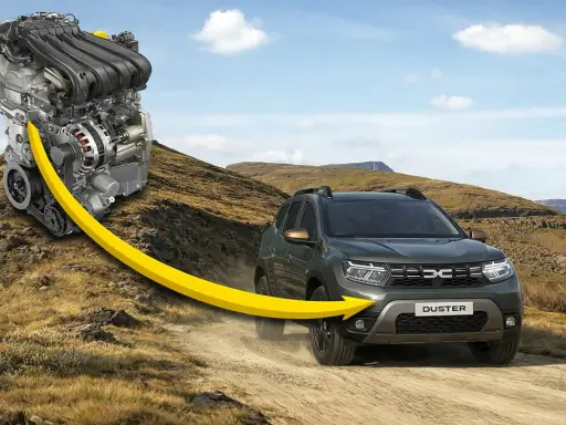 Silnik Dacia Duster 2 na tle górskiego krajobrazu. Żółta strzałka symbolizuje moc i dynamikę.