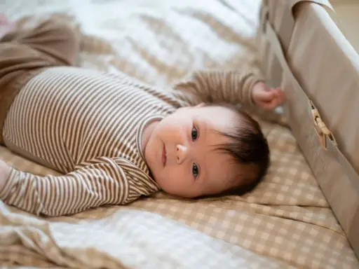 En 1 månads bebis sover inte, utan ligger vaken på en rutig filt i en säng.