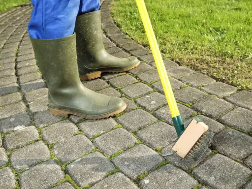 Person en bottes vertes brossant la mousse sur une terrasse pavée. Astuce pour savoir comment enlever la mousse sur une terrasse.