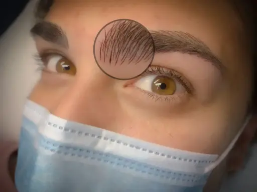 Gros plan sur un œil et un sourcil, avec un zoom sur une fine cicatrice au sourcil, cachée par quelques poils.
