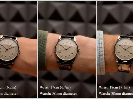 Tre polsi di diverse dimensioni (15.75, 17, 18 cm) con lo stesso orologio da 38mm. Utile per capire come si misura la cassa di un orologio.