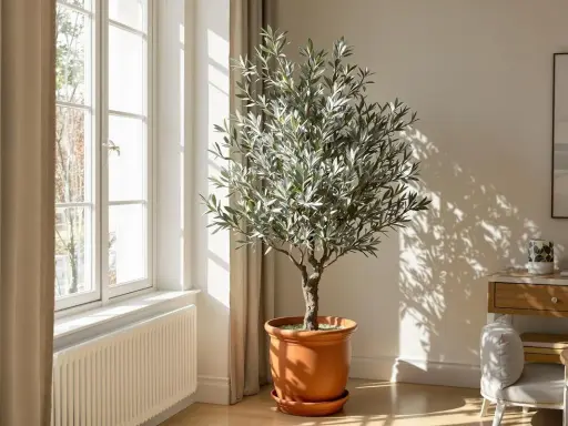Un bel olivier en intérieur, baigné de lumière naturelle près d'une fenêtre. Ses feuilles argentées projettent des ombres dansantes sur le mur.
