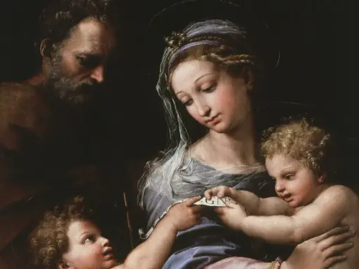 La Vierge à l'Enfant de Raphaël, avec Saint Joseph en arrière-plan. La Vierge lit un texte à l'Enfant Jésus.