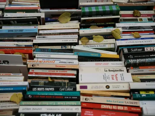 Une pile de livres anciens, certains jaunis par le temps. On peut y lire des titres comme "La nuit à Paris" ou "Le savoir-vivre libertin". L'image invite à interagir avec la conjugaison des mots et des histoires.