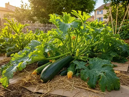 Courgettes vertes mûres sur un lit de paille, avec des fleurs jaunes et des feuilles luxuriantes. La courgette en pot est prête à être récoltée.