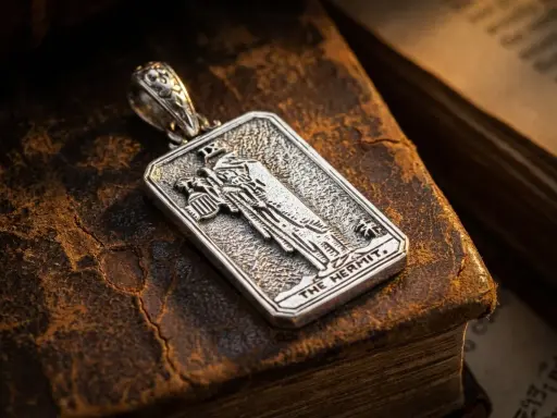Srebrny wisiorek z motywem pustelnika tarot, leżący na starych księgach.