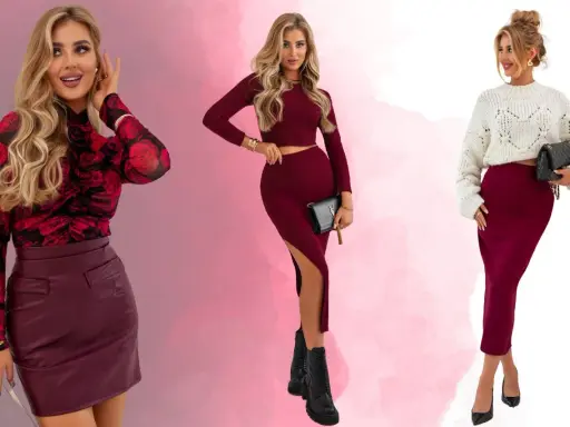 Eleganckie stylizacje w kolorze burgundowym dla każdej kobiety. Zestawy z dopasowanymi spódnicami i bluzkami lub swetrami.