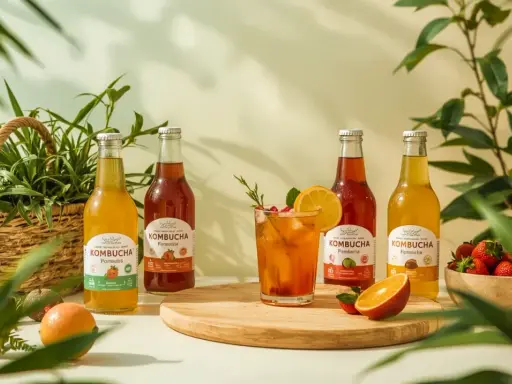 Butelki kombuchy i szklanka z napojem, otoczone owocami i zielenią. Odkryj kombucha właściwości dla zdrowia.