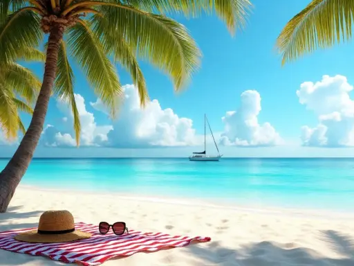 Idealne miejsce, gdzie lecieć w lutym: piaszczysta plaża, palmy, turkusowa woda i żaglówka na horyzoncie.