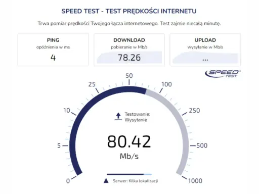 Wynik testu prędkości internetu: ping 4 ms, pobieranie 78.26 Mb/s, wysyłanie 80.42 Mb/s.