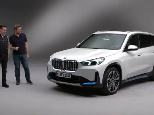 Dwóch mężczyzn stoi obok białego BMW iX1.