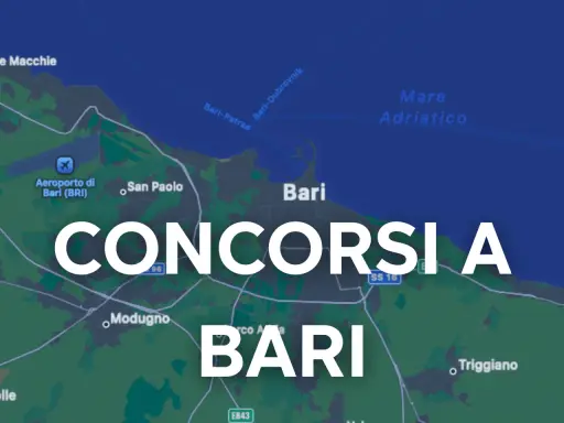 Mappa di Bari con la scritta "CONCORSI A BARI" in sovrimpressione. Si vedono l'aeroporto, il mare Adriatico e alcune località vicine.