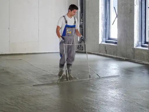 Pracownik wyrównuje świeżą wylewkę betonową na styropianie, dbając o jej minimalną grubość.
