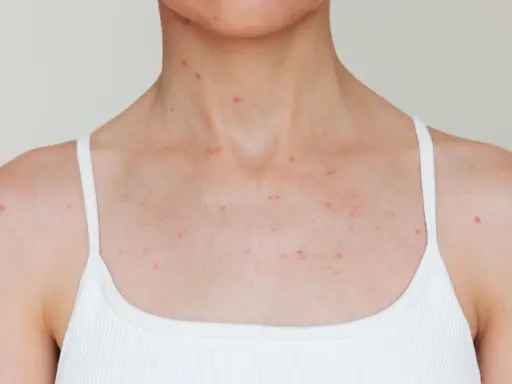 Poitrine et cou couverts de petits boutons rouges.