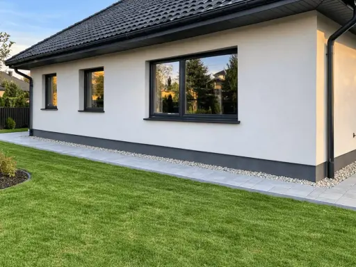 Nowy dom z zadbanym ogrodem. Ścieżka z kostki brukowej i kamyczków tworzy najtańszą opaskę wokół domu, podkreślając jego nowoczesny charakter.