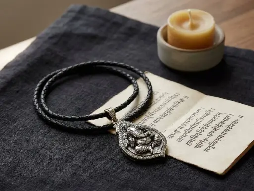 Ett silverhänge med Ganesha, om gam ganapataye namaha, på en flätad läderrem. Bredvid ligger en gammal text och ett ljus.