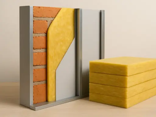 Sección de muro con ladrillos, aislamiento amarillo y panel gris. Bloques de aislamiento apilados, prometiendo un **cristal silence** en el hogar.