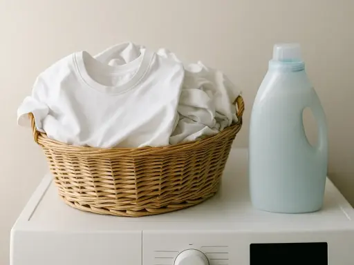 Cesta de ropa blanca lista para lavar. Detergente al lado, ideal para saber como lavar lino y mantenerlo impecable.
