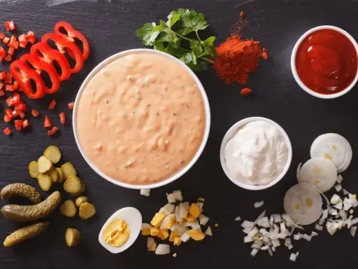 Składniki do sosu tysiąca wysp: majonez, ketchup, papryka, ogórki, jajko, cebula, natka.