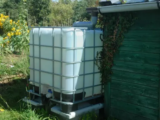 Installation récupérateur eau de pluie : un grand réservoir blanc relié à une gouttière, à côté d'une cabane verte envahie par le lierre.