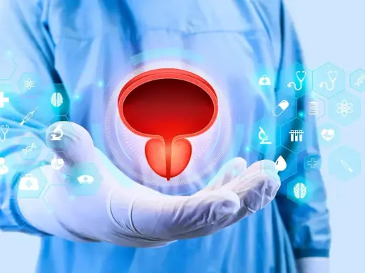 Dłoń w rękawiczce medycznej prezentuje pęcherz moczowy, symbolizując diagnostykę i rokowania w przypadku raka prostaty C61.