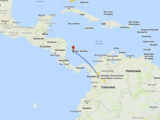 Trasa lotu z Medellín do San Andrés na mapie Ameryki Środkowej i Południowej.