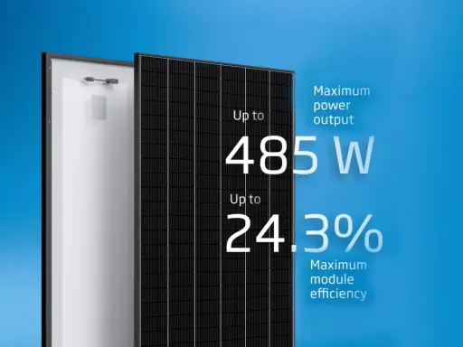 Två solpaneler från Trina Solar, en med baksidan synlig, visar upp till 485W effekt och 24.3% verkningsgrad.