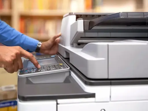 Mani che usano una stampante multifunzione, aiutando a decidere se è meglio stampante laser o inkjet per le proprie esigenze.