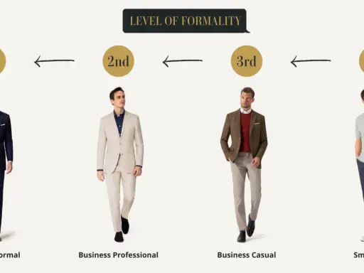 Four men showcase the spectrum of formality, from a sharp navy suit (Business Formal) to a relaxed polo shirt and chinos (Smart Casual).