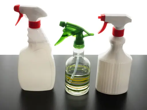 Trois flacons pulvérisateurs, dont un transparent avec des rayures vertes et jaunes, suggèrent un désinfectant naturel pour un nettoyage écologique.