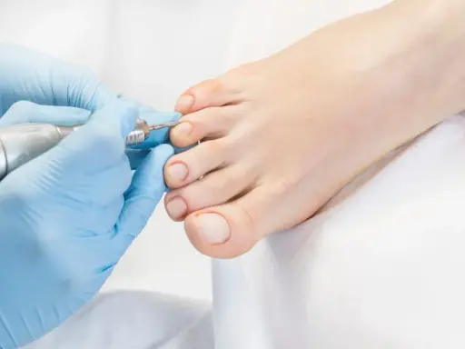 Un podologue réalise une pédicure avec un appareil rotatif sur les ongles d'un pied.
